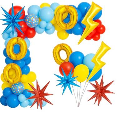 Imagem de 90 PCS Red Blue Yellow Confetti Balloon Garland Arch Kit Cartoon Hedgehog Birthday Decorations Cartoon Birthday Party Decor with Gold Ring, Star, Exploding Stars and Lightning Foil Balloon