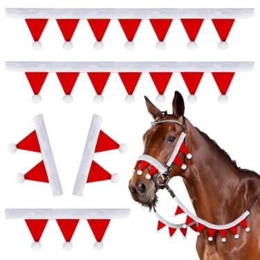 Imagem de Abbylike Conjuntos de freio de feltro de cavalo de Natal: 2 peças de capas de freio e rédeas 1 peça almofada de nariz 2 peças almofadas de bochecha mini papai noel freios e rédeas capas com bolas