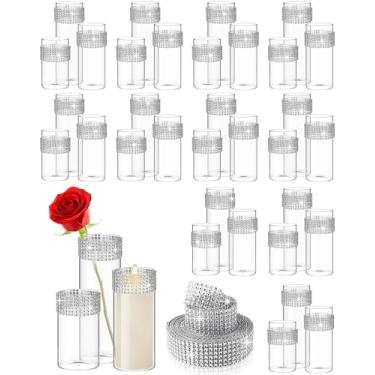 Imagem de Zubebe 54 peças de vaso cilíndrico de vidro transparente de vários tamanhos centros de mesa com 6 fileiras fita de diamante de 5 jardas fita de strass para decoração de mesa de festa de casamento em