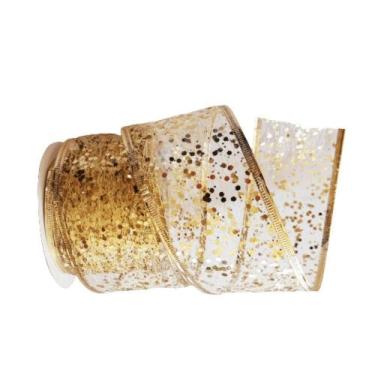 Imagem de Fita Decorativa Natal Aramada Paetê Dourado Comp 9.14m - Carmella Pres