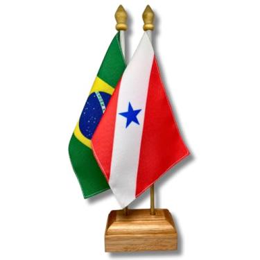 Imagem de Kit Bandeira de Mesa Brasil e Pará Dupla Face Com Base e Haste em Madeira Decoração Escritório Eventos Presente