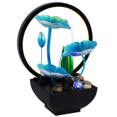 Imagem de Fonte de mesa com 3 camadas de folha de li, fonte de água pequena, fonte de água interna com rochas e anel de luzes LED, fontes de mesa para relaxamento de meditação (azul com círculos de luz)