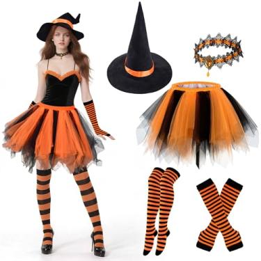 Imagem de Vegove 5 peças de fantasia de bruxa de Halloween, roupa feminina de abóbora - chapéu perverso gargantilha tutu saia e luvas listradas meias, Laranja, One Size