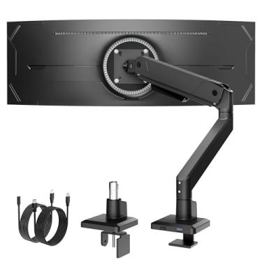 Imagem de monTEK Braço de monitor único com USB para telas ultralargas de 45 polegadas com suporte de mesa ajustável para monitor comporta gerenciamento de cabos de 16 kg com braçadeira C/suporte de mesa com