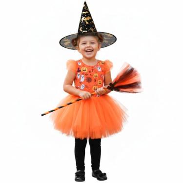 Imagem de Kit Bruxa Halloween com Chapéu Preto e Vassoura Decorada pra Fantasia Infantil Menina