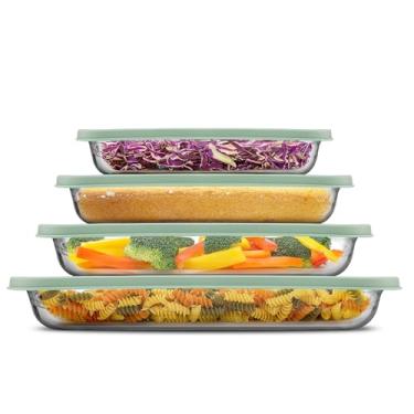 Imagem de JoyJolt Pratos de forno de vidro borossilicato de 8 peças com tampas verde-sálvia, conjunto de assadeiras retangulares de vidro profundo, assadeiras para bolo de caçarola de lasanha, conjunto de