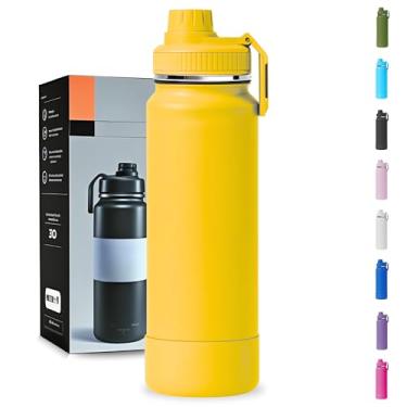 Imagem de Garrafa Térmica 1000ML - Duplamente Isolada a Vácuo, Aço Inox 304, Base Emborrachada Anti Derrapante, Mantém Bebidas Quentes por 12 Horas e Geladas por 24 Horas (Amarelo Slin)