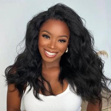 Imagem de Peruca de cabelo humano liso crespo sem cola 13 x 4 cabelo humano pré-arrancado com cabelo de bebê, pré-cortado, afro-yaki, peruca de cabelo humano ondulado liso para mulheres negras grande renda
