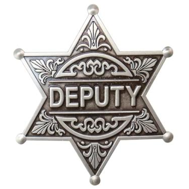 Imagem de Distintivo de deputy, emblemas de polícia, prata, distintivo de xerife, alfinetes de metal para meninas e adultos, broche de decoração de festa de caubói, distintivo de colete de polícia de cowboy