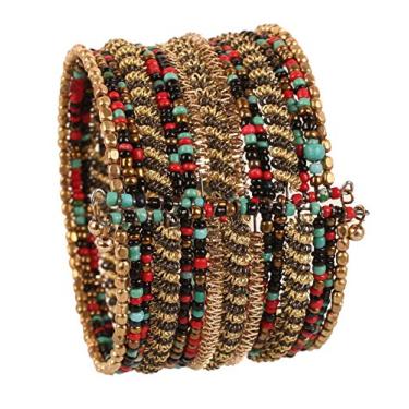 Imagem de Touchstone Pulseira feminina indiana Bollywood feita à mão com contas metálicas com corte de metal e contas metálicas elegantes elásticas em tom dourado, 10 inch, Liga metálica, Sem Pedra Preciosa