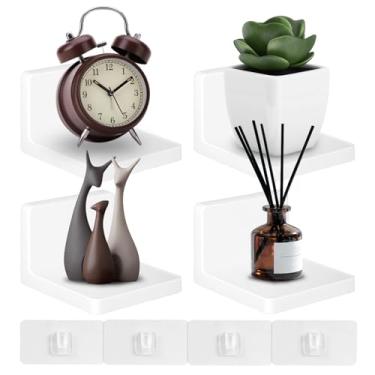 Imagem de 4 prateleiras flutuantes pequenas, prateleira de parede pequena de plástico para decoração de sala de estar, prateleiras flutuantes com suporte adesivo, mini prateleira de exibição para banheiro, sala