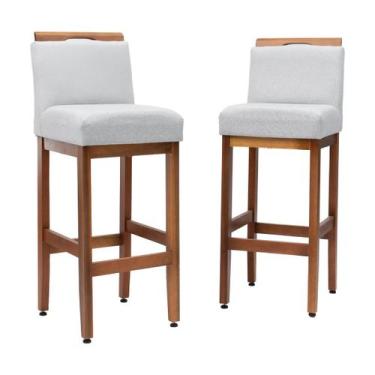 Imagem de Kit 2 Banquetas Altas Safira Estofadas Linho com Encosto Madeira Maciç