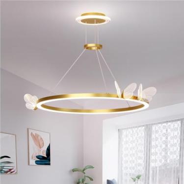 Imagem de Lustre moderno de meados do século LED regulável em forma de borboleta para quarto de meninas, luminária pendente de teto dourada antiga, lâmpada redonda para cozinha, ilha, sala de jantar,