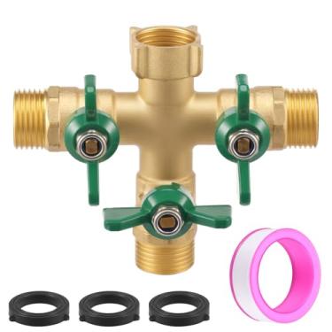 Imagem de Divisor de mangueira de jardim de 3/10.2 cm, resistente, latão sólido com 2 arruelas, 1 rolo de fita crua, 3 válvulas de fechamento à prova de vazamento, divisor de torneira de tubo de mangueira para
