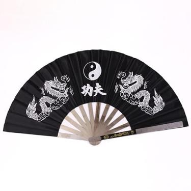 Imagem de FKJLUN Ventilador dobrável feito à mão Ventilador de Kung Fu chinês dragão Wushu moldura de aço inoxidável Tai Chi artes marciais 3 cores disponíveis ventilador portátil (cor: preto)