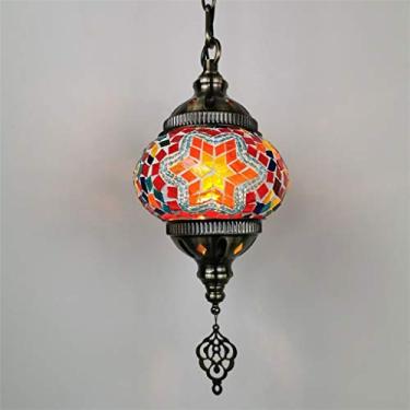 Imagem de Iluminação pendente Luz pendente feita à mão sombra de vidro colorido estilo boêmio mosaico luz suspensa cordão ajustável lustre decorativo sala de estar quarto (cor: laranja)
