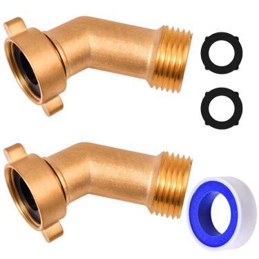 Imagem de LEONTOOL Pacote com 2 conectores de cotovelo de mangueira de jardim 45 graus, adaptador de latão resistente de 0,9 cm com lavadoras de pressão para conexões de água RV torneiras residenciais externas