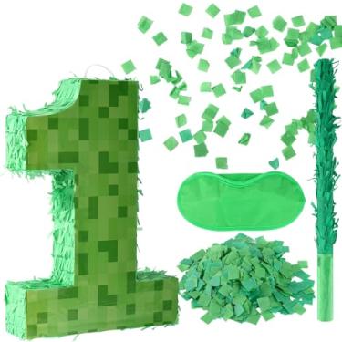 Imagem de SAVITA Mini Pinhata de Pixel com Número, Lembrancinha Festa Aniversário em Pixel Verde com Venda Bastão e Confete Pinhata para Decoração de Festa Aniversário (1)