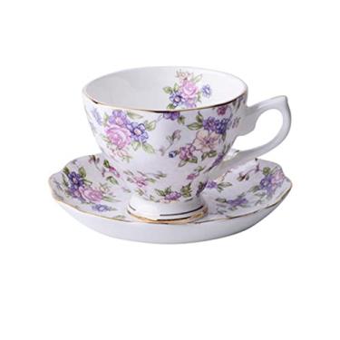 Imagem de Pratos Xícara de Café Moldura Dourada Osso China Xícara e Pires Conjunto de Xícara de Tarde Inglês Xícara de Chá Utensílios de Café Conjunto de Chá de Luxo (Cor: K) (D)