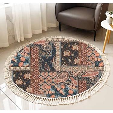 Imagem de Tapete de franja redonda patchwork floral paisley, motivos de flores indianas, estilo damasco para têxtil, boho, tapete de linho, tecido à mão, pátio, corredor, corredor, decoração de casa, sala de