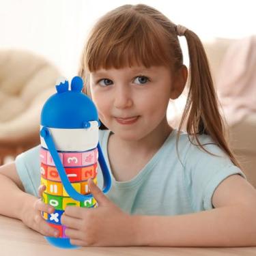 Imagem de OL 430 ml Garrafa de água infantil isolada copo infantil de aço inoxidável com canudo de silicone à prova de vazamento garrafa de água com vedação copo infantil portátil com alça de ombro ajustável