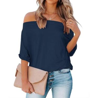 Imagem de Camisa REVETRO Cold Shoulder, gola larga, azul marinho, grande
