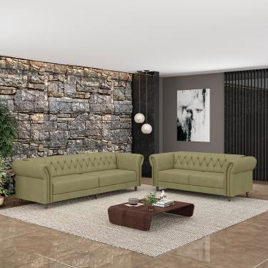 Imagem de Conjunto de Sofá Sala de Estar Stanford Chesterfield 2 e 3 Lugares 200cm/240cm Pés Madeira Couro Fendi G58 - Gran Belo