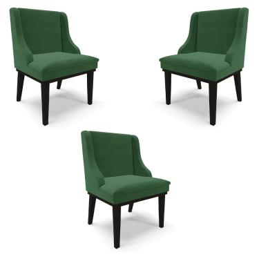 Imagem de Kit 3 Cadeiras Decorativas Sala de Jantar Base Fixa de Madeira Firenze Veludo Verde/Preto G19 - Gran Belo