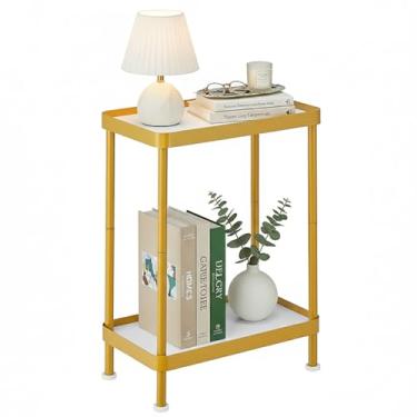 Imagem de ZEXVIDA Mesa lateral para espaços pequenos, mesa de canto de 2 camadas com prateleira de armazenamento de bandeja de mesa de metal, mesa de sofá para pequenos espaços na sala de estar, quarto