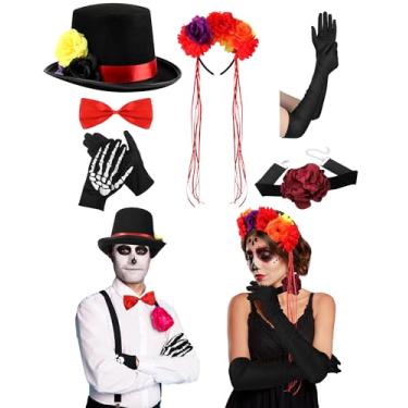 Imagem de Cotwinter 6 Pcs Halloween Day of the Dead Couple Costume Accessories Set Women Flower Crown Headband Red Choker Necklaces Long Arm Gloves Skeleton Gloves Men Hat Bow Tie for Halloween Cosplay Party