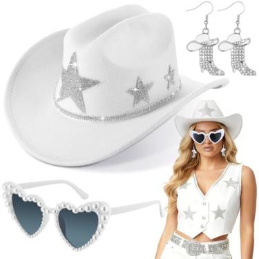 Imagem de Tiamon Conjunto de 4 peças de fantasia de vaqueira com chapéu de cowboy branco, botas de vaqueira, brincos de coração, óculos de sol, adesivos de estrela com glitter para mulheres, chá de panela