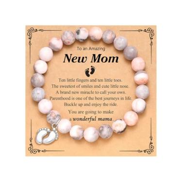 Imagem de PLwelth Pulseira New Mom Presentes Inspiradores para Mulheres Pulseira de Pedra Natural com Contas com Cartões de Saudações Presentes para Primeira Vez Pulseiras Artesanais Exclusivas Joias Dia das