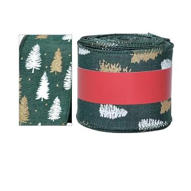 Imagem de YAMA Fita de Natal com fio 6,3 cm 10 jardas, fita com fio impressa em árvore de Natal para embrulho de presente, artesanato, decoração de laços de grinaldas