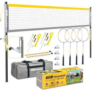 Imagem de Conjunto profissional de badminton com design anti-queda, rede de badminton portátil, conjunto de 4 raquetes de alumínio de carbono, estrutura de aço resistente de 3 cm, 4 petecas, bolsa de