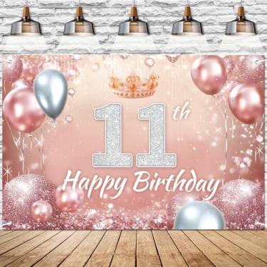 Imagem de Faixa rosa rosa feliz aniversário 11º aniversário pano de fundo diamante glitter tema decoração de fundo para meninas princesa festa de aniversário decoração decoração suprimentos 183 x 109 cm BECKTEN