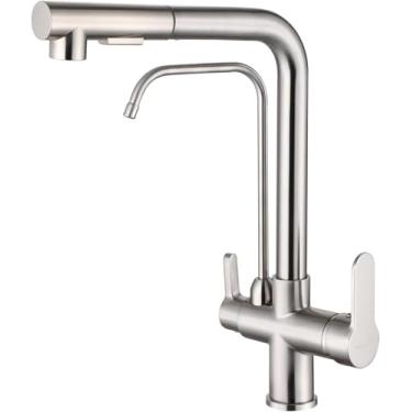 Imagem de Torneira de pia de cozinha de osmose reversa 3 em 1 com pulverizador de puxar para baixo, torneira de filtro de água RO de aço inoxidável escovado de aço inoxidável, torneira giratória de 360° para