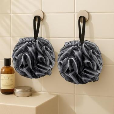 Imagem de Esponja de bucha de chuveiro, bola de pufe de esponja de banho de 50 g, bucha de malha de carvão de bambu para mulheres, esfregão de chuveiro para o corpo, preto com bordas brancas, 2 peças