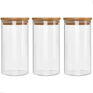 Imagem de Kit 3 Pote Hermético Vidro Tampa Bambu 1000ml Mantimentos Transparente