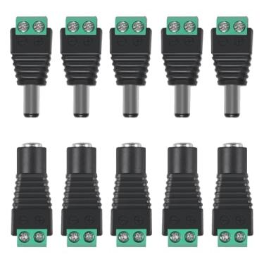 Imagem de 5 pares de conectores de alimentação CC 5,5 mm x 2,1 mm 12 V adaptador de tomada de alimentação 10 x macho e 10 x fêmea para fita de LED CCTV câmera de segurança cabo terminais plugue adaptador barril