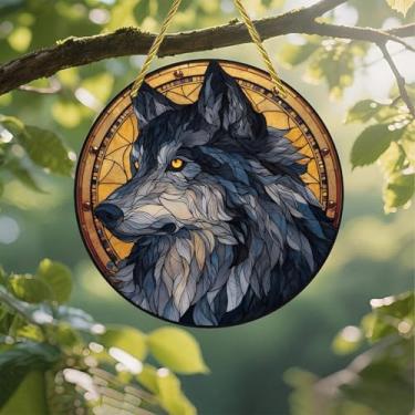 Imagem de Acrílico colorido Suncatcher, arte de vitral de lobo, janela suspensa de 18 cm, decoração de arte de parede com design de vitral impresso, ideia de presente e ornamento de jardim, uso interno e