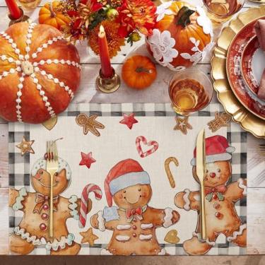 Imagem de Jogo americano americano de cúrcuma de Natal, pão de gengibre, para mesa de jantar, chapéu vintage, vermelho, tapete de mesa, inverno, férias, casa, festa, cozinha, decoração de mesa, conjunto com 2