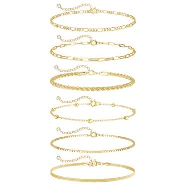 Imagem de DEARMAY Tornozeleiras femininas banhadas a ouro 14K à prova d'água - 6 peças delicadas tornozeleiras cubanas em camadas espinha de peixe conjunto de tornozeleiras fofas pacote de joias de praia de