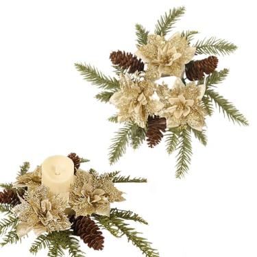 Imagem de Anel de vela de Natal, guirlanda, flor dourada artificial com vela de pinheiro, guirlanda para Natal, inverno, férias, jantar, mesa, centro de mesa, pilares de decoração