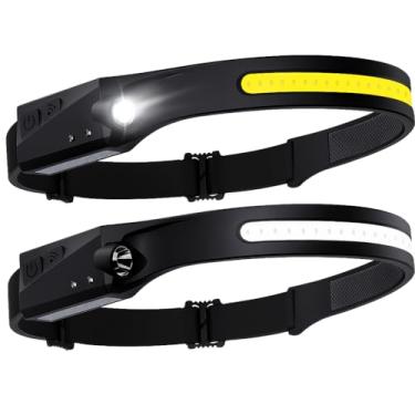 Imagem de Lanterna de Cabeça LED Recarregável USB, Fita Ajustável COB, Luz de Trabalho Portátil, Iluminação Noturna com Bateria Recarregável, Preto e Amarelo