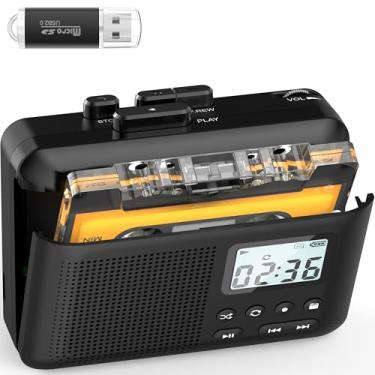 Imagem de Leitor de cassete portátil, cassete para MP3 via cartão SD, leitor de fita cassete Walkman com bateria recarregável de 1000 mAh, microfone e alto-falante embutidos, conector de fone de ouvido, cartão