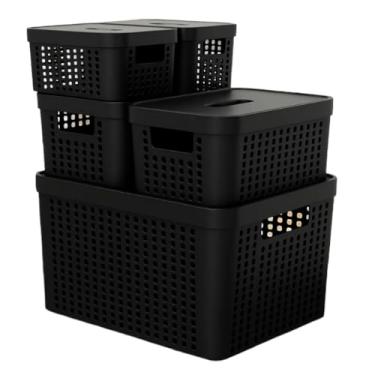 Imagem de Caixa Organizadora, Kit 5 Caixas Organizadoras com Tampa Cesto Grande de Plástico 2 Litros 4,5 Litros 17 Litros(Preto)