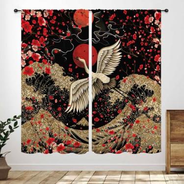 Imagem de Cortinas japonesas, ameixa vermelha flor de cerejeira floral estilo pintura asiática guindaste dourado grande onda estilo japonês cortinas para quarto sala de estar banheiro janela tratamento 53 cm L