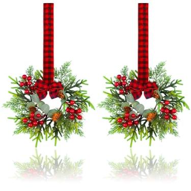 Imagem de Guirlanda de Natal pequena - 2 peças de mini guirlandas com eucalipto de pinheiro vermelho para decoração de janela de cozinha, guirlandas de casa pequena para decoração de armário de casa interna