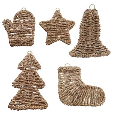 Imagem de 5 peças de decoração de parede de vime feita à mão de Natal, luva de sino de ratã, meia de árvore, enfeites de pendurar para árvore de Natal, Ano Novo, casa, ambientes internos e externos