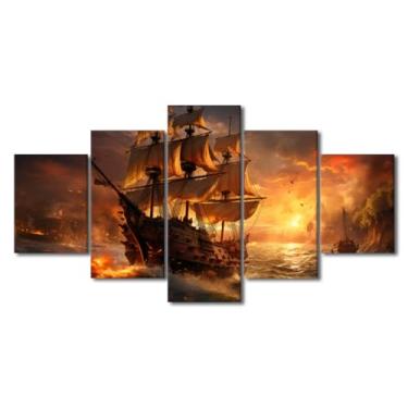 Imagem de Impressões em tela paisagens marítimas pinturas de arte de parede de navio pirata pôsteres esticados fantasia navio pirata imagens para sala de estar veleiro navio moderno decoração de casa decorações